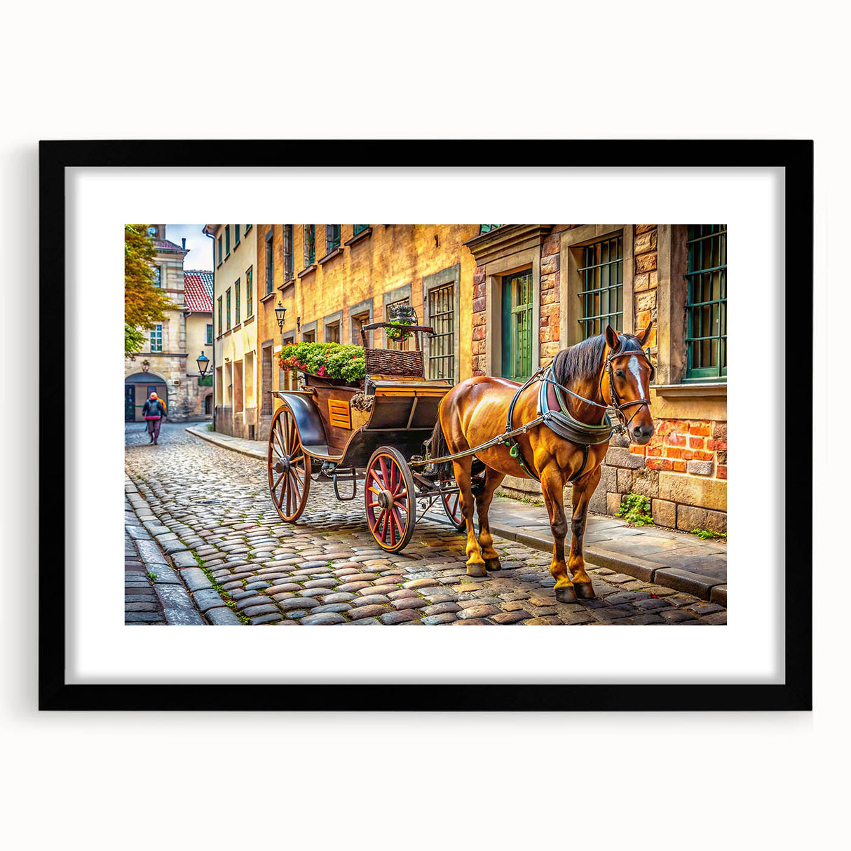 Extra large, colorful abstract art print of assorted service vehicles on textured canvas, framed in black.