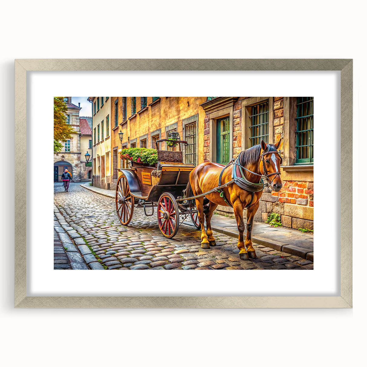 Textured abstract art print of service vehicles in muted gray and blue tones, framed in silver.