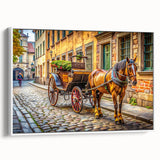 Vintage poster art of colorful service vehicles on a black background, framed canvas, ideal for living room decor.