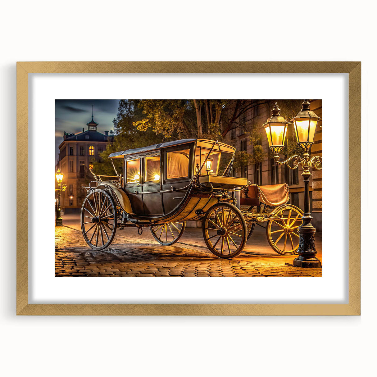Extra large abstract art print of service vehicles in textured gold frame, suitable for living room decor.