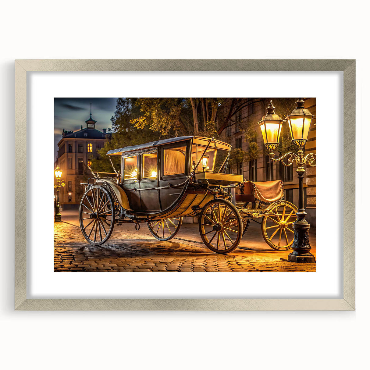 Textured abstract art print of service vehicles in muted gray, framed in silver, suitable for bedroom decor.