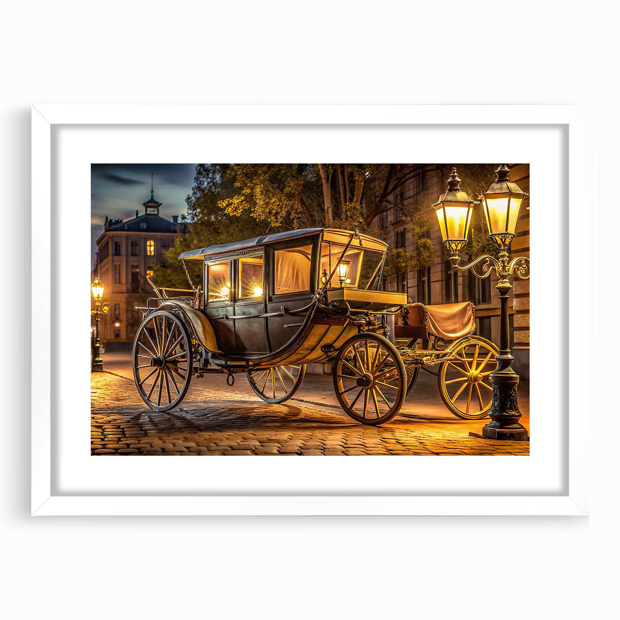 Abstract art print of assorted service vehicles in muted colors on a white framed canvas, suitable for dining room decor.
