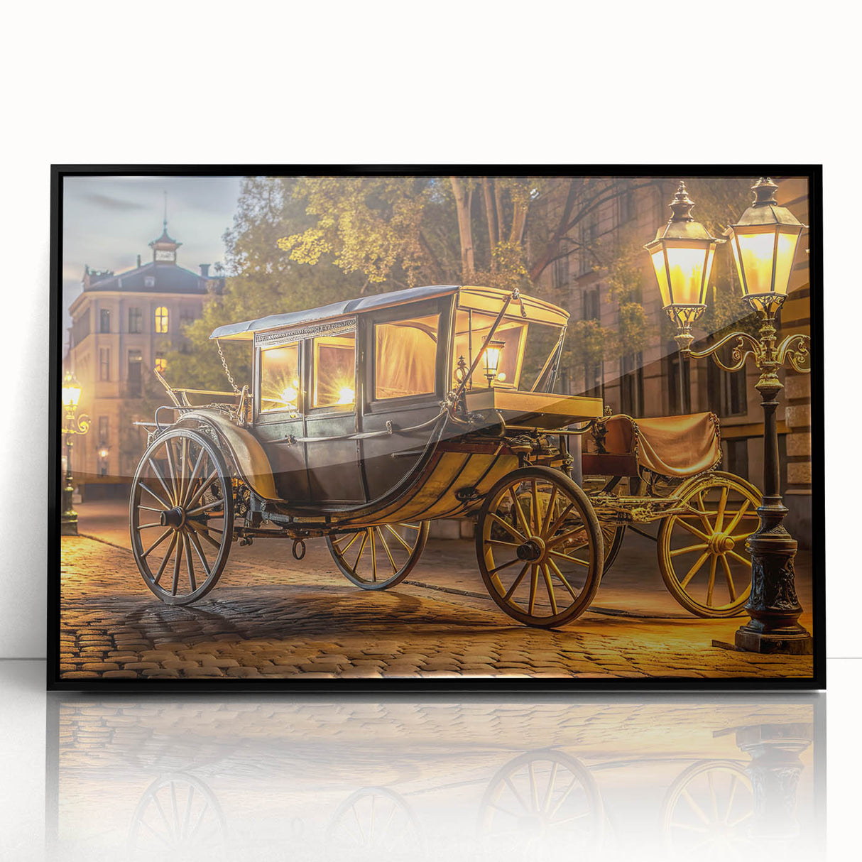 Large abstract wall art depicting colorful, mid-century modernist service vehicles on a black acrylic framed print.
