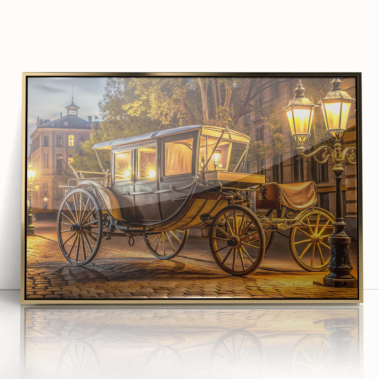 Mid-century modernist style art print featuring various colorful service vehicles on a gold acrylic frame.