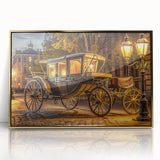 Mid-century modernist style art print featuring various colorful service vehicles on a gold acrylic frame.