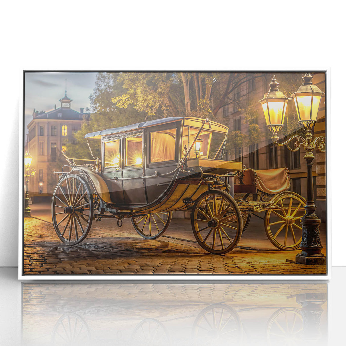 Art deco poster featuring assorted pastel-colored service vehicles on a white acrylic frame, ideal for nursery wall art.