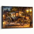 Black and white vintage poster art of a classic car on a framed canvas, suitable for bedroom wall decor.