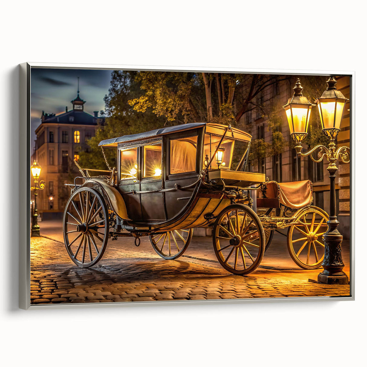 Framed canvas featuring a vintage poster of colorful landscape art with service vehicles in black and silver tones.