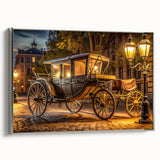Framed canvas featuring a vintage poster of colorful landscape art with service vehicles in black and silver tones.