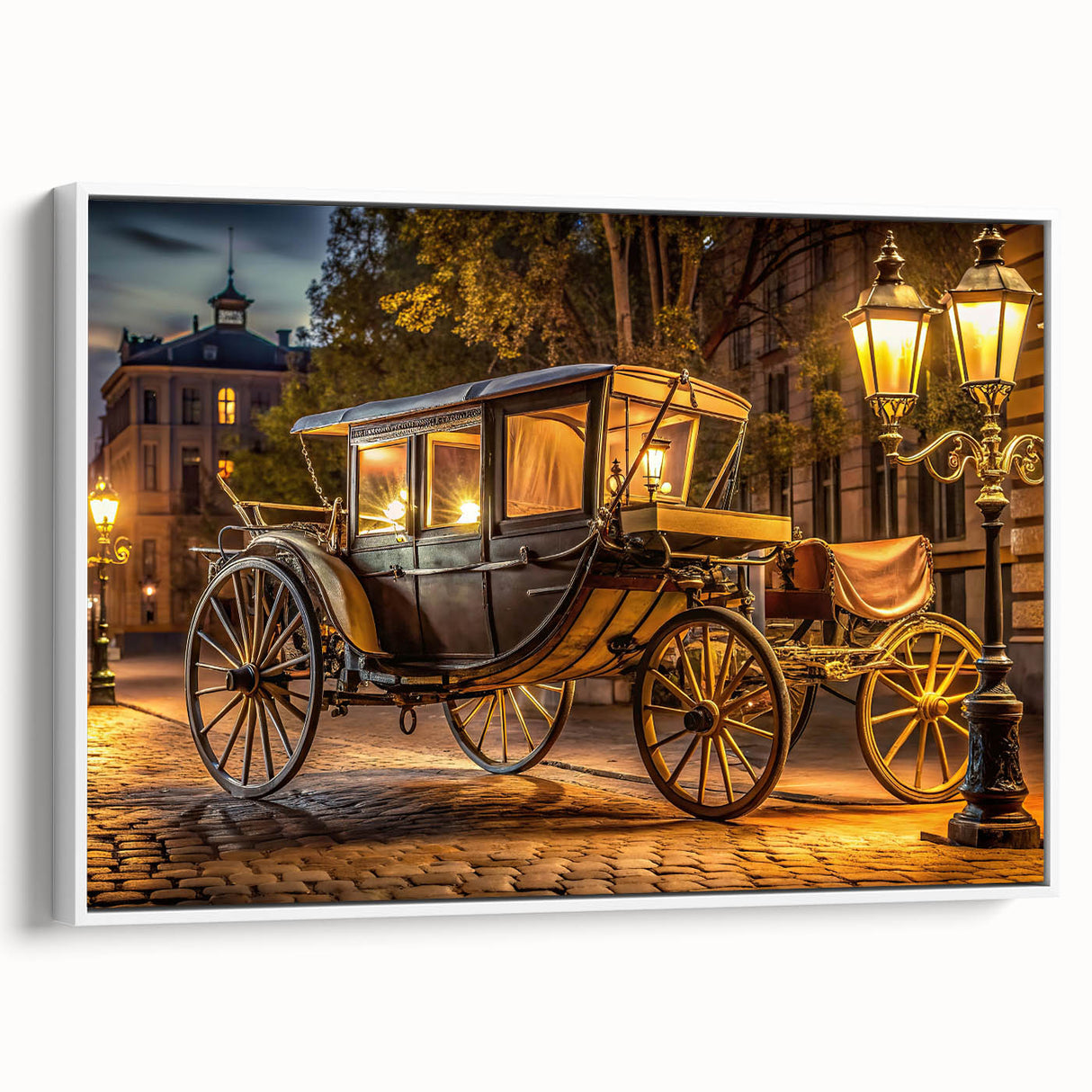 Vintage poster art of colorful service vehicles on a black background, framed canvas, ideal for living room decor.