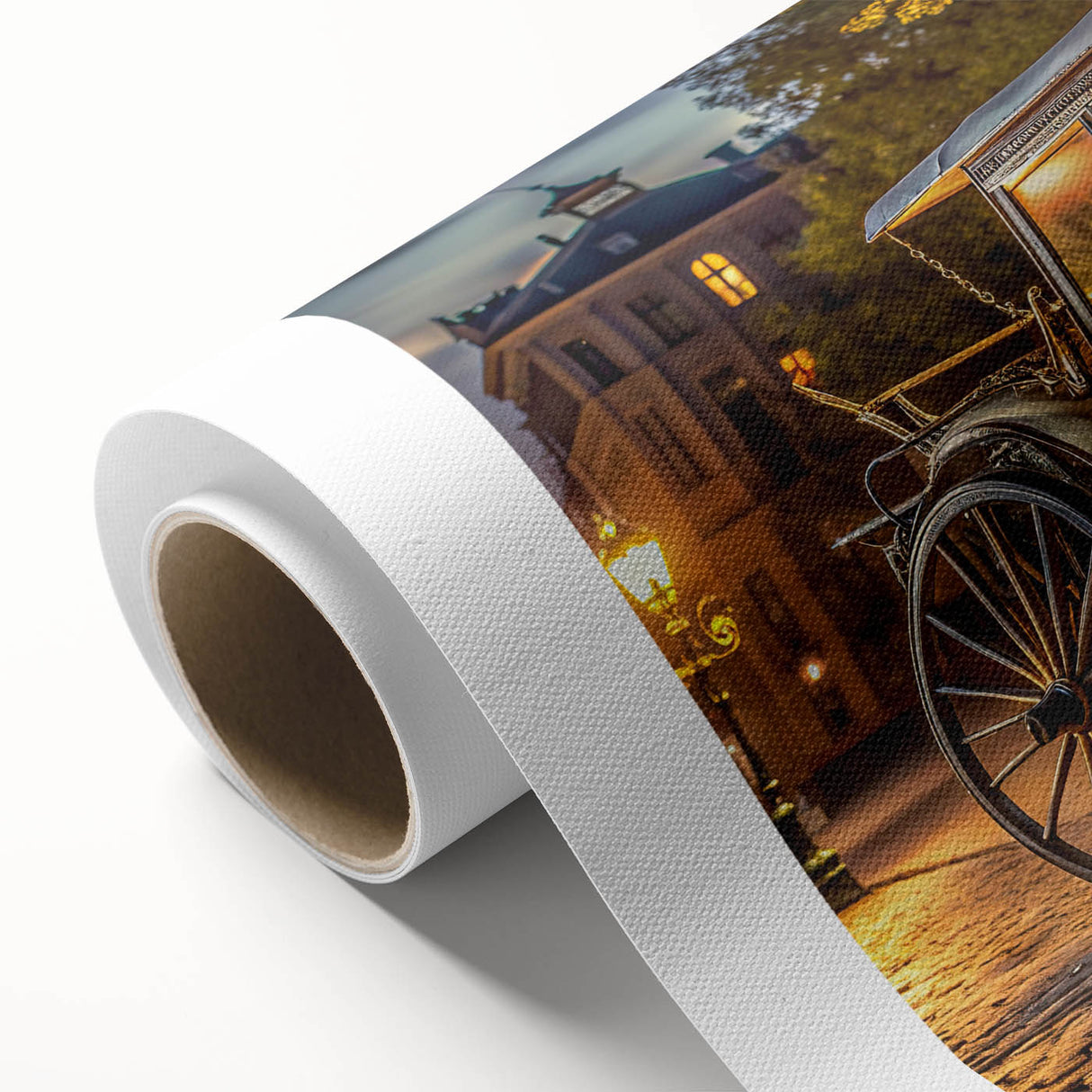 Art deco style poster of colorful vintage cars on rolled canvas, ideal for nursery wall art.