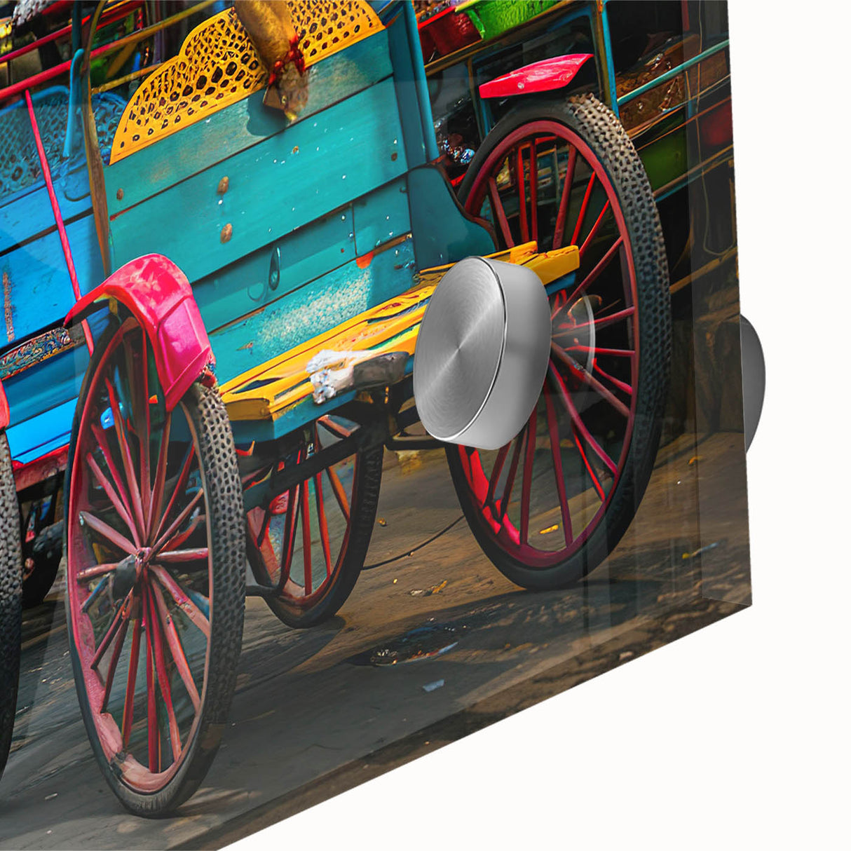 Mid-century modernist art featuring abstract service vehicles in muted earth tones on large acrylic glass.