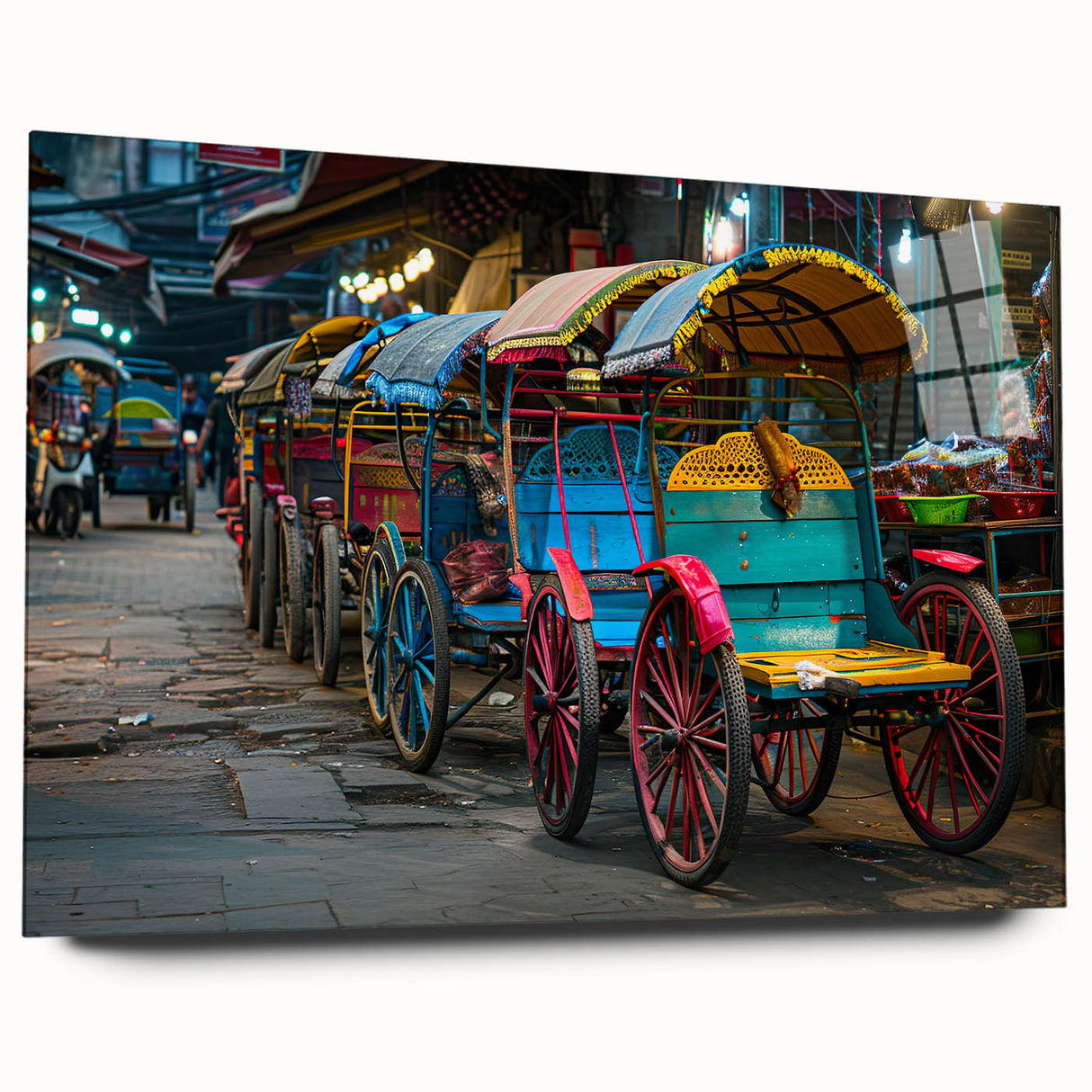 Acrylic print of a large abstract design featuring assorted service vehicles in muted colors.