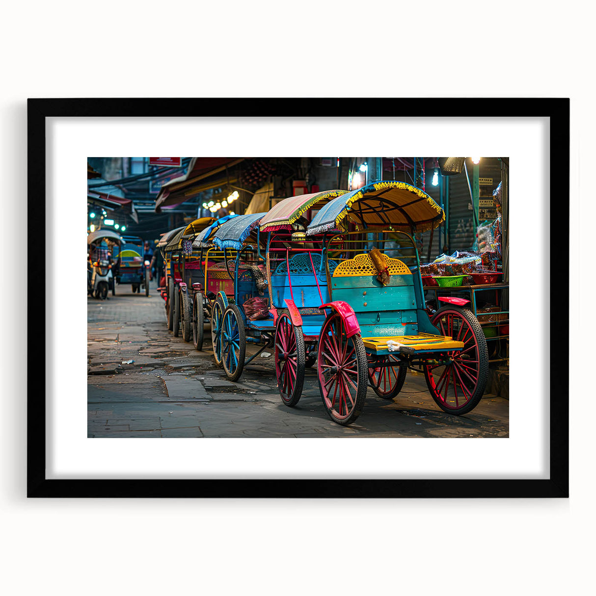 Extra large abstract art print featuring colorful, textured depiction of service vehicles on a black framed canvas.