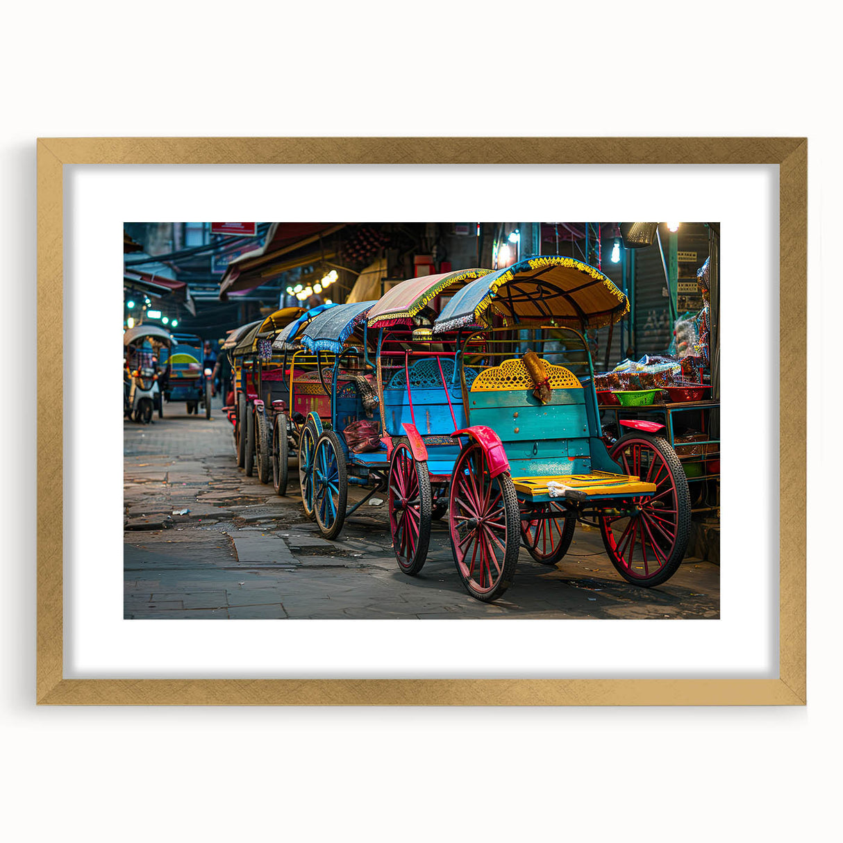 Extra large abstract art print featuring textured vehicles in muted earth tones on a gold-framed canvas.