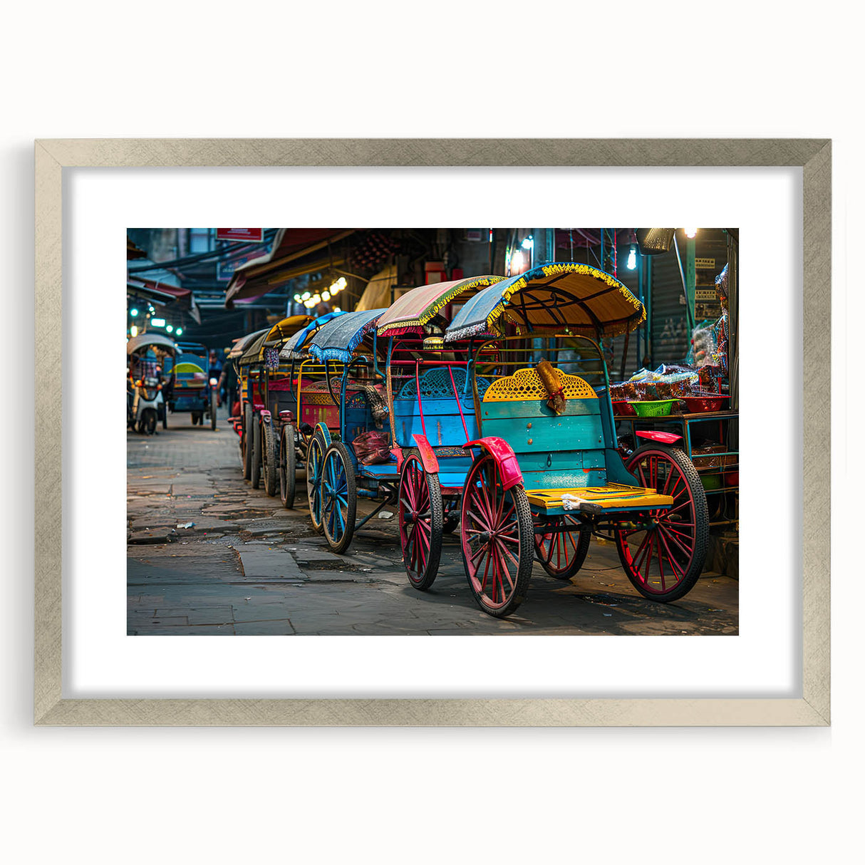Textured abstract art print of various service vehicles in muted gray and silver tones on a framed canvas.