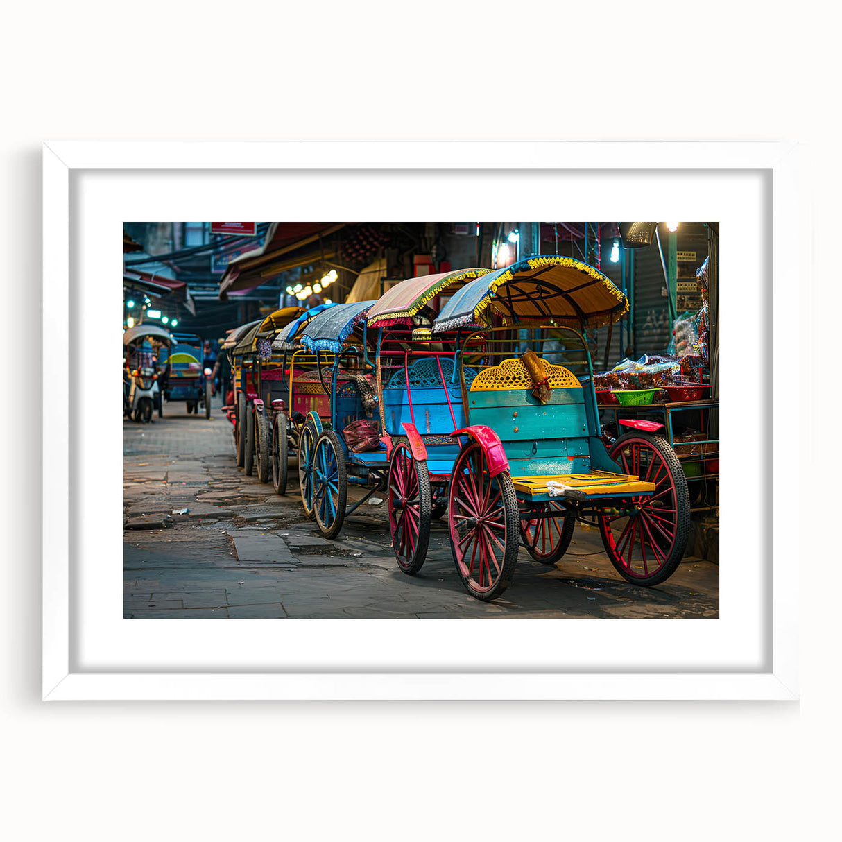 Abstract art print featuring multicolored service vehicles on white framed canvas, suitable for dining room decor.