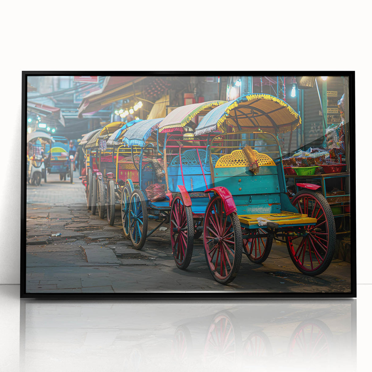 Large abstract wall art featuring assorted mid-century modernist service vehicles in muted colors on a framed acrylic.