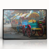 Large abstract wall art featuring assorted mid-century modernist service vehicles in muted colors on a framed acrylic.