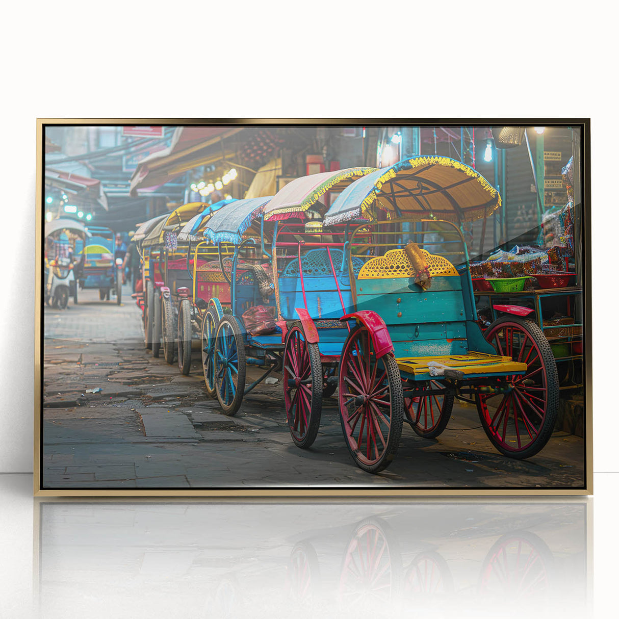Mid-century modernist style large art print of assorted service vehicles in muted colors on a gold-framed acrylic.
