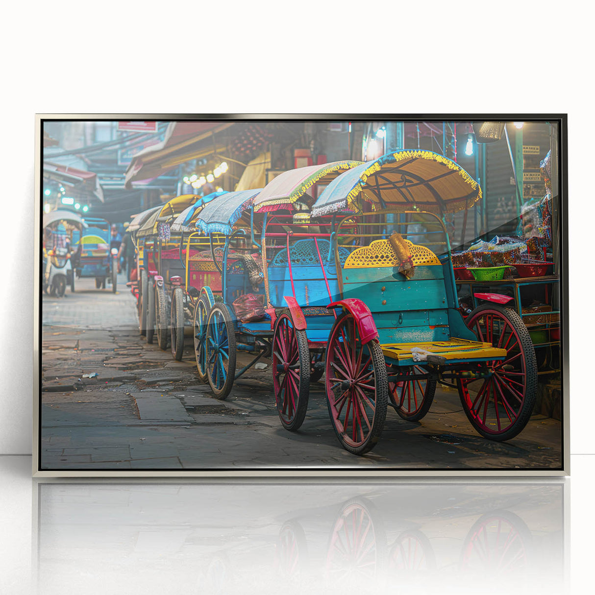 Mid-century modernist art of colorful service vehicles on silver acrylic, ideal for nursery wall decor.