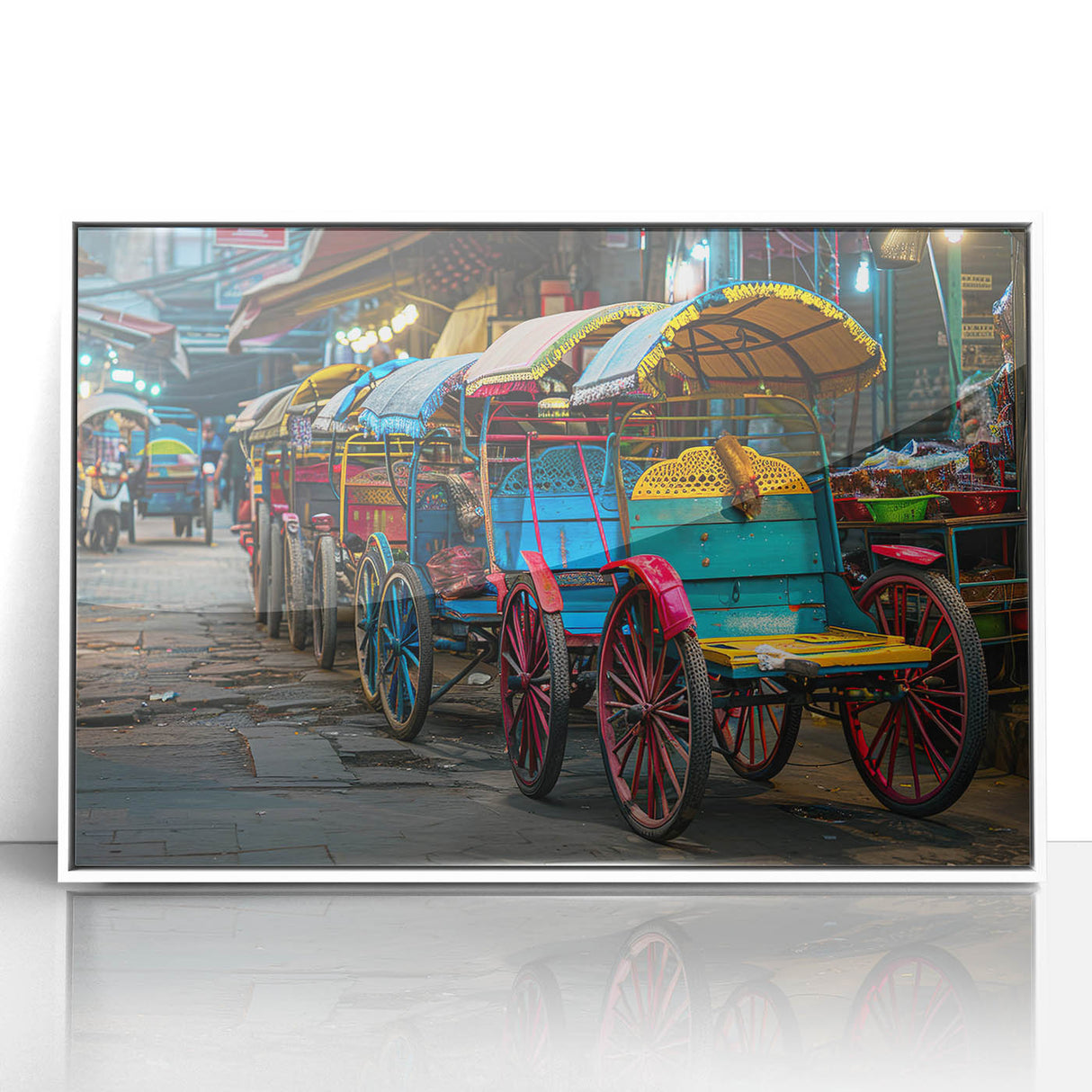 Art deco poster of colorful vintage cars on a white acrylic frame, suitable for nursery wall art.