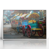 Art deco poster of colorful vintage cars on a white acrylic frame, suitable for nursery wall art.