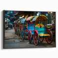Black and white vintage poster art of service vehicles on framed canvas, ideal for bedroom wall decor.