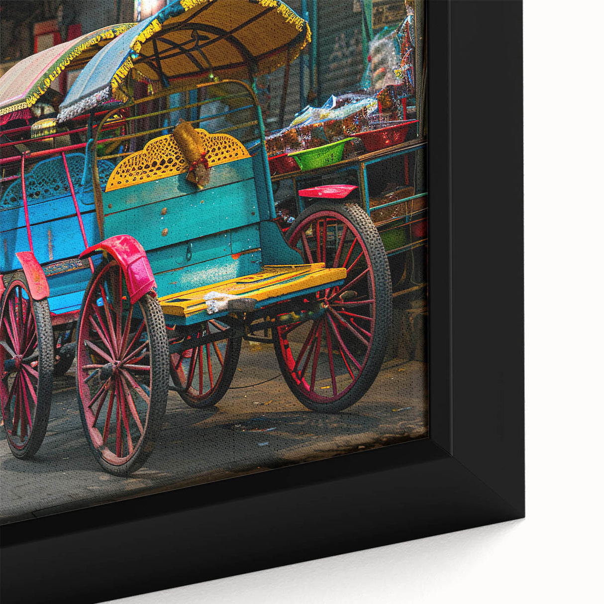 Extra large black wall art featuring a close-up of colorful, textured service vehicles on a framed canvas.