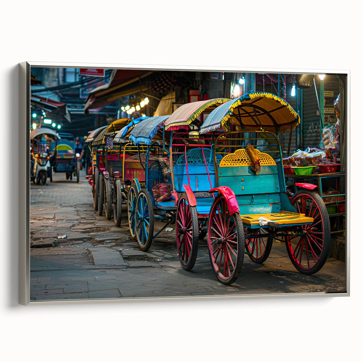 Framed canvas of vintage poster art depicting colorful landscape with service vehicles in black and silver.