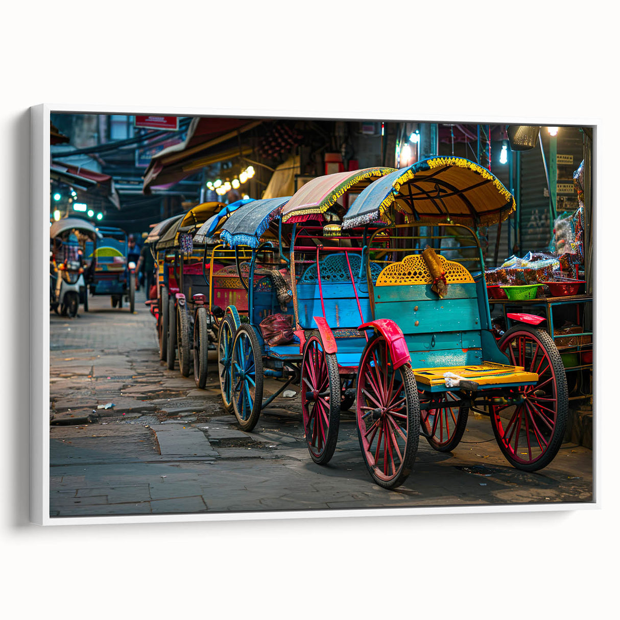 Vintage poster art of colorful service vehicles on a black background, framed canvas, ideal for living room decor.