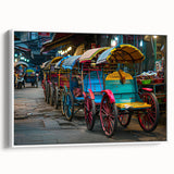 Vintage poster art of colorful service vehicles on a black background, framed canvas, ideal for living room decor.