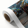 Art deco style poster featuring colorful vintage cars on rolled canvas, ideal for nursery wall art.