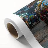 Art deco style poster featuring colorful vintage cars on rolled canvas, ideal for nursery wall art.