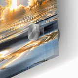 Mid-century modernist art of a spacecraft in muted grays and blues on large acrylic glass, ideal for dining room art.