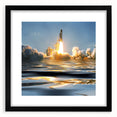 Colorful abstract art print of spacecraft, in black frame with mat, ideal for modern living room décor.