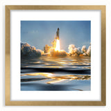 Textured abstract art print of a spacecraft in muted gray and silver tones on a framed gold canvas.