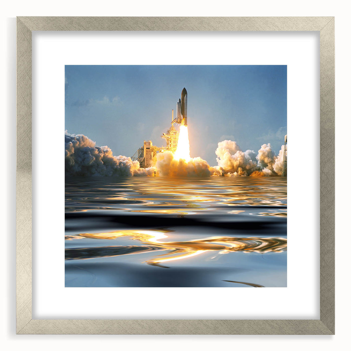 Abstract art print of a spacecraft in silver, gray, and black tones on a framed canvas, ideal for modern bedroom decor.