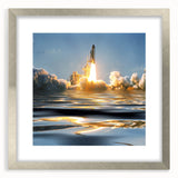 Abstract art print of a spacecraft in silver, gray, and black tones on a framed canvas, ideal for modern bedroom decor.
