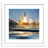 Extra large abstract art print of a spacecraft, featuring textured details in muted gray and white, framed with a white mat.