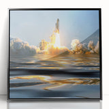 Large abstract wall art featuring a mid-century modernist spacecraft design in black and white tones, framed in acrylic.