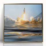 Mid-century modernist art depicting a spacecraft in muted gray and gold tones on a framed acrylic.