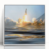 Mid-century modernist spacecraft illustration in muted gray and blue tones on a white framed acrylic.