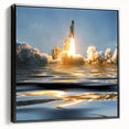 Framed canvas of a vintage black and white spacecraft design, ideal for bedroom wall art.