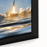 Framed canvas of a black spacecraft design with colorful, textured art accents.