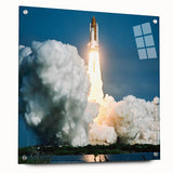 Acrylic print of a large abstract spacecraft design in blue and silver tones, suitable for bedroom or dining room decor.