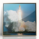 Mid-century modernist art poster of a spacecraft, acrylic print in gold frame, ideal for nursery wall decor.