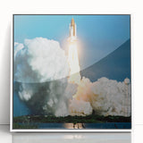 Mid-century modernist spacecraft design in muted gray tones on a white acrylic print, ideal for modern nursery wall decor.