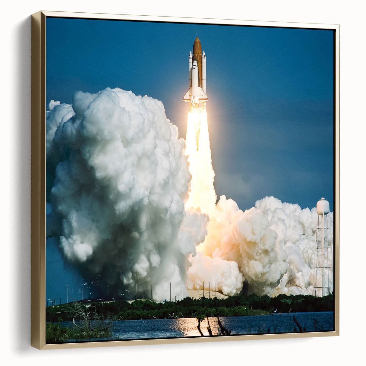 Framed canvas landscape art painting depicting vintage spacecraft in silver and gold on a black background.