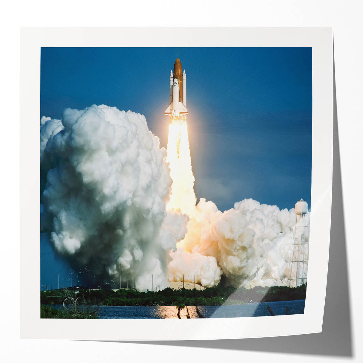 Spacecraft illustration in muted gray tones on a rolled print, ideal for modern dining room decor.